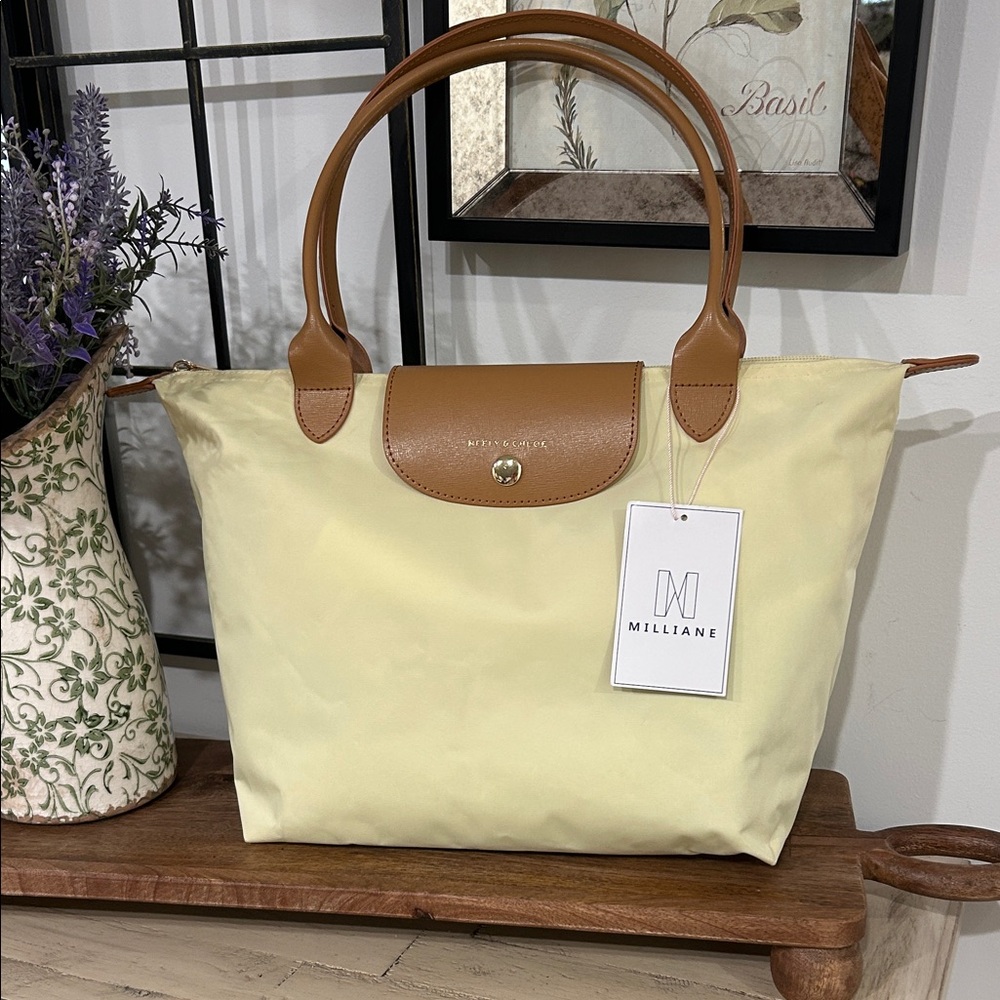 Milliane Women's Tote in Pale Yellow with Tan Trim
